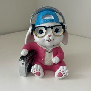 Cute Bunny Figurine with Blue Cap and Pink Jacket & Boom Box NEW